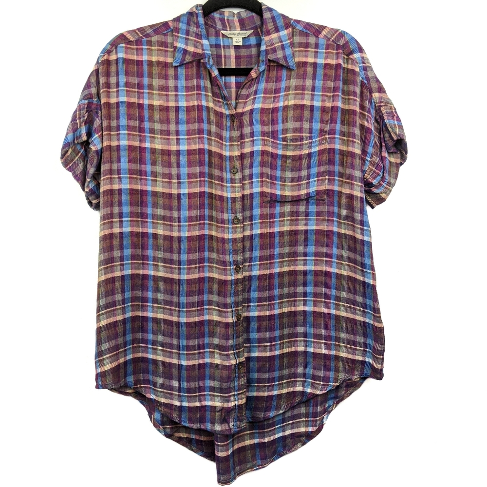 Lucky Brand Plaid Short Sleeve Button Up Blouse